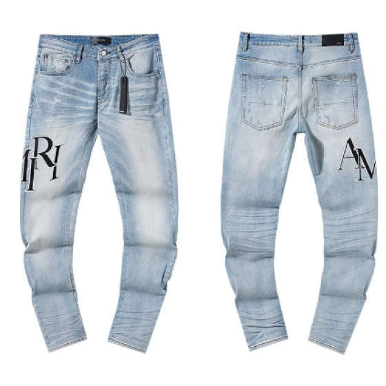 Light Blue Washed Denim Jeans with Black AMIRI Logo